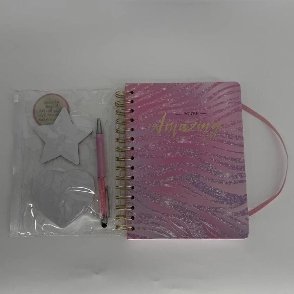 Pink Glitter Spiral Notebook Set with Pen Stylus and Sticky Notes Reusable Case